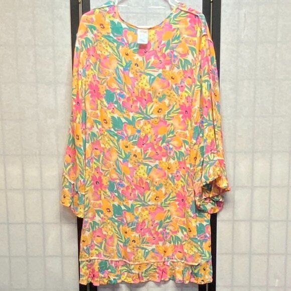 Anne Cole Ruffle Bell Sleeve V Neck Sheer Crinkle Bright Floral Tunic Dress NEW - Picture 7 of 13